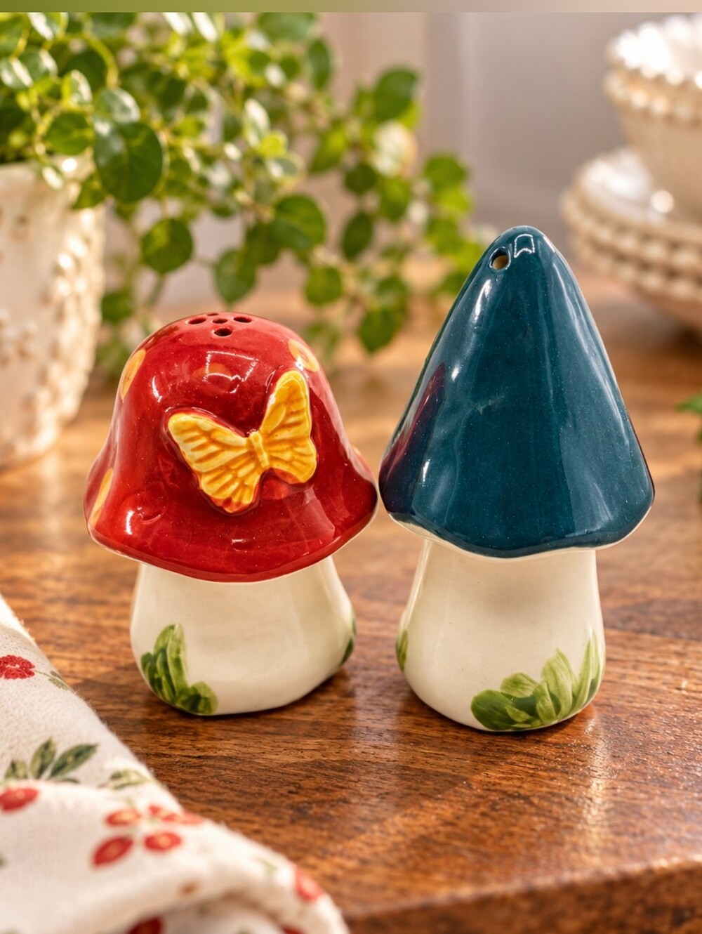 Mushroom Salt and Pepper Shaker Set with Butterfly Accent